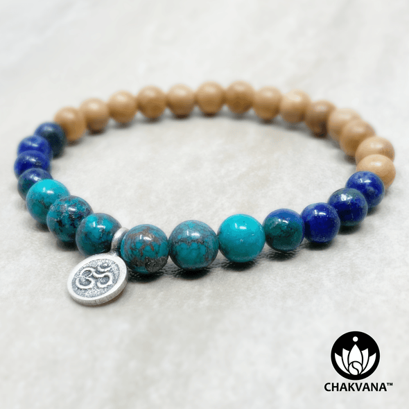 Turquoise, Chrysocolla and Sandalwood 6mm Gemstone Bead and Wood Bracelet with Sterling Silver Om Charm – Chakvana.com