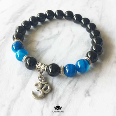 8 mm Round Bead Bracelet | Black Onyx and Agate with Om Charm