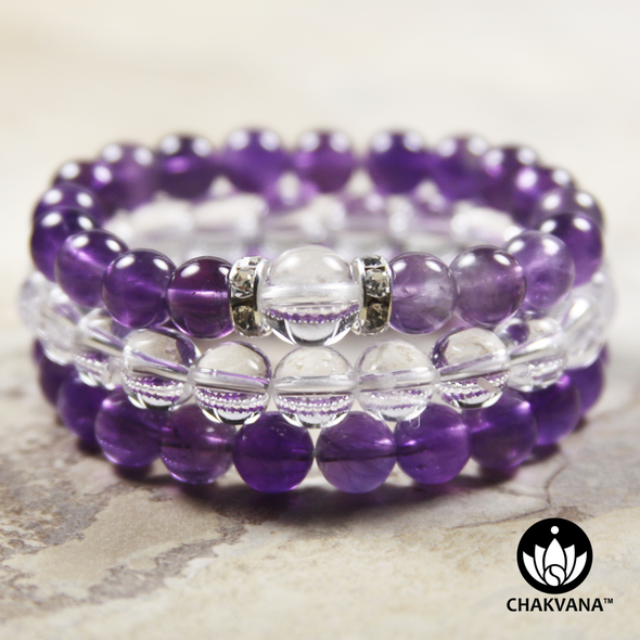 8mm Gemstone Bracelet Stack | Silver Plated | Amethyst, Clear Quartz, Amethyst with 10mm Quartz Bead