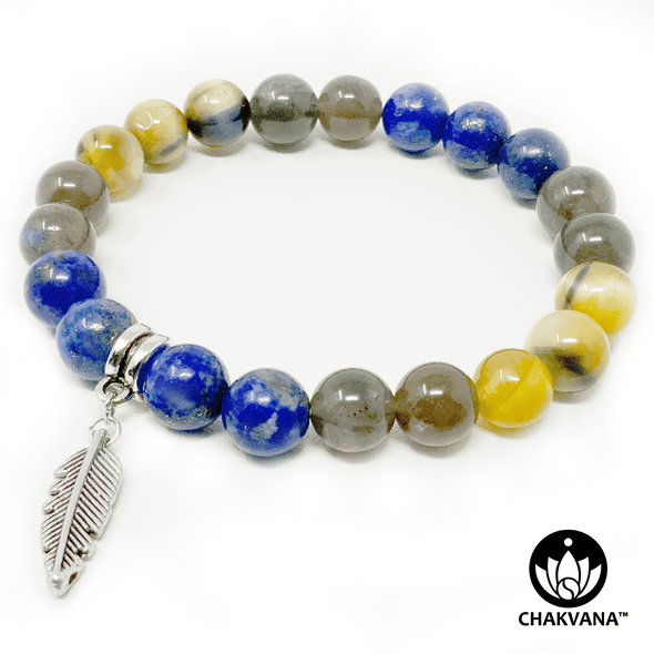 Lapis Lazuli, Labradorite, and Golden Blue Tiger's Eye 8mm Gemstone Bead Bracelet with Silver Plated Feather Charm – Chakvana.com