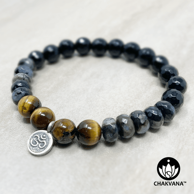 Tiger's Eye, Faceted Gray Opal, and Faceted Black Onyx 8mm Gemstone Bead Bracelet with Sterling Silver Om Charm – Chakvana.com