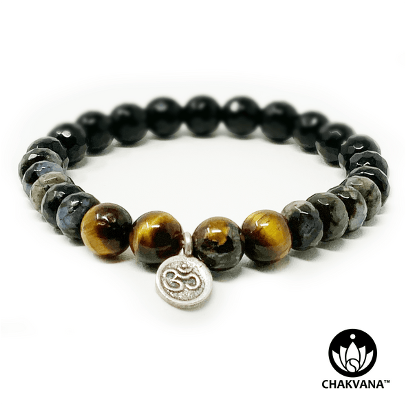 Tiger's Eye, Faceted Gray Opal, and Faceted Black Onyx 8mm Gemstone Bead Bracelet with Sterling Silver Om Charm – Chakvana.com