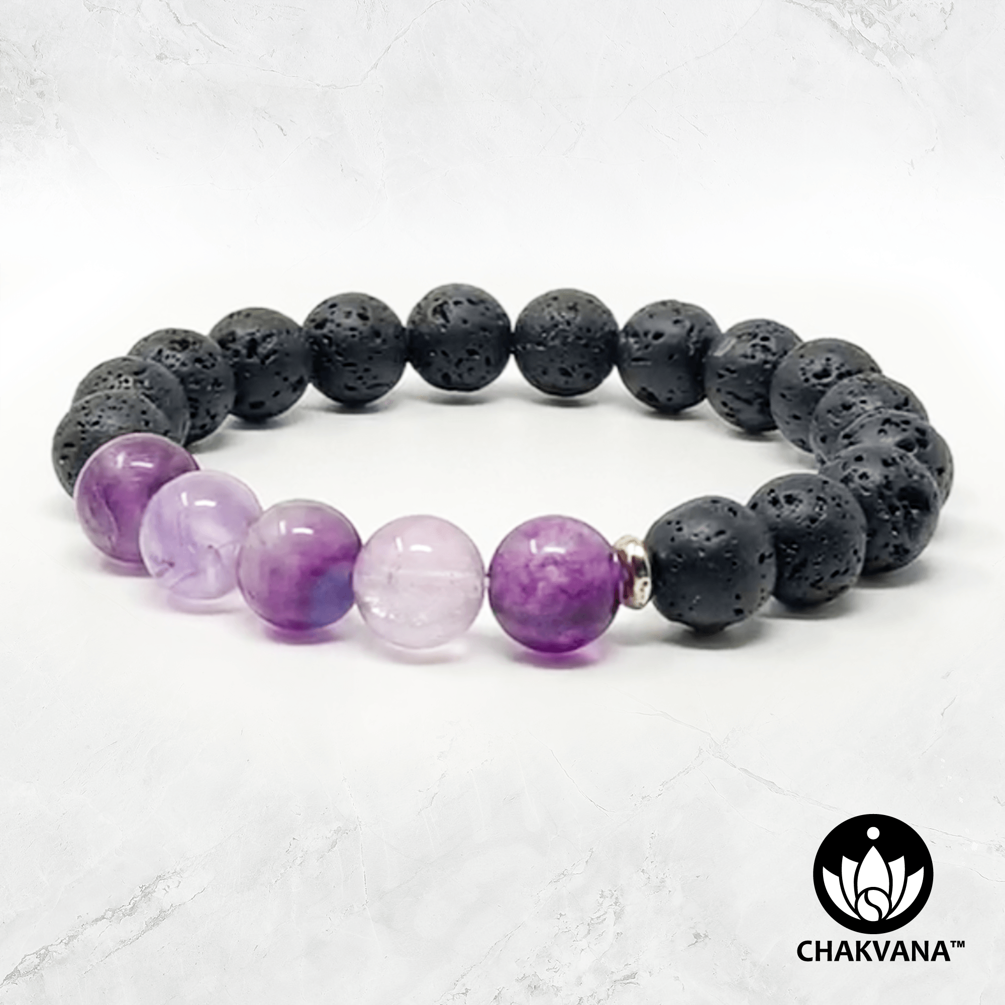 Purple Fluorite Black Lava Stone 8mm Gemstone Bead Bracelet