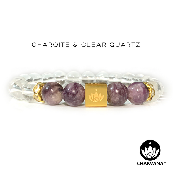 CHAKVANA™ Charoite & Clear Quartz 8mm Gemstone Bead Bracelet - Front View