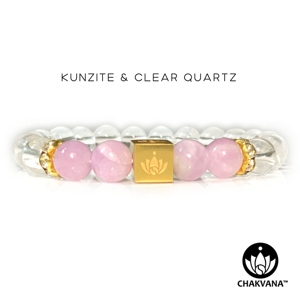 CHAKVANA™ Kunzite & Clear Quartz 8mm Gemstone Bead Bracelet - Front View