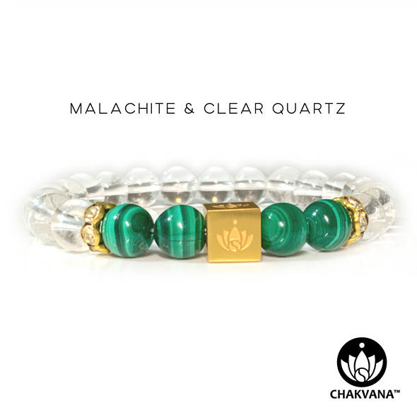 CHAKVANA™ Malachite & Clear Quartz 8mm Gemstone Bead Bracelet - Front View