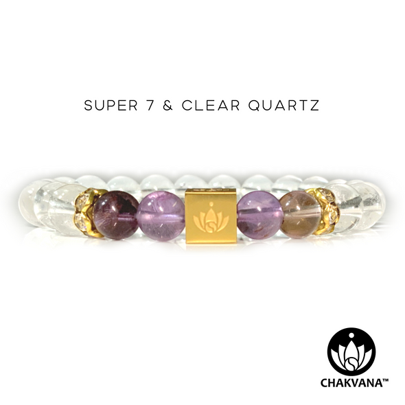 CHAKVANA™ Super 7 & Clear Quartz 8mm Gemstone Bead Bracelet – Front View