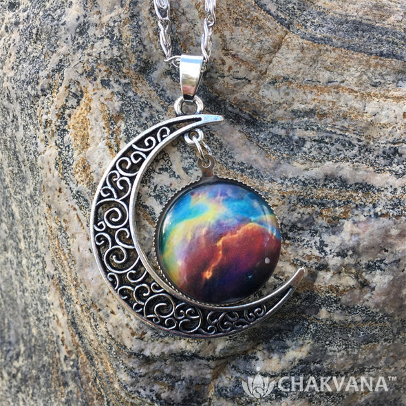 Cosmic Nebula Waning Crescent Moon Pendant Necklace