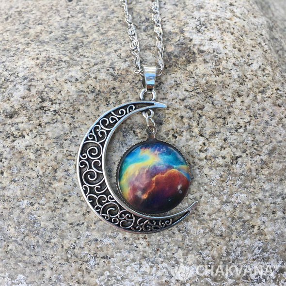 Cosmic Nebula Waning Crescent Moon Pendant Necklace