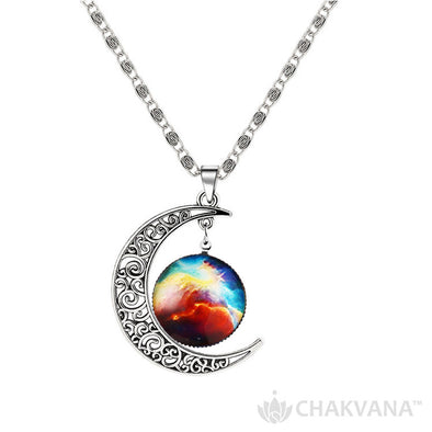 Cosmic Nebula Waning Crescent Moon Pendant Necklace