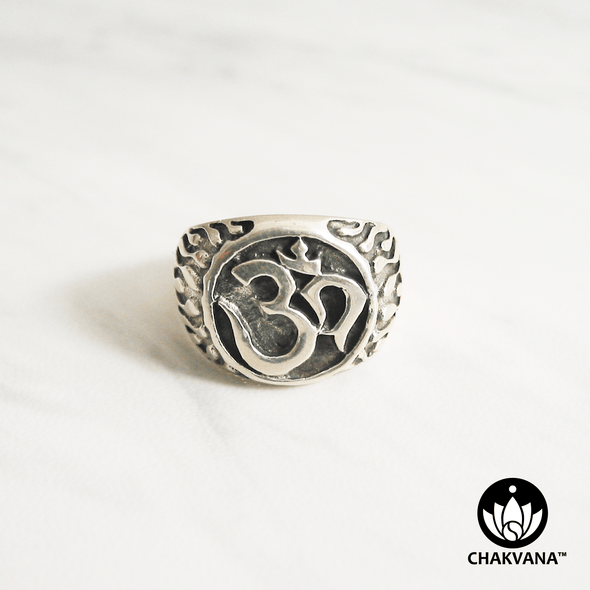 Flaming Om Sterling Silver Ring (Size 7.75). Two tone sterling silver ring with Om symbol and flames. – Chakvana.com