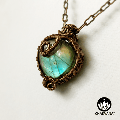 Copper Wire Wrapped Heart Shaped Labradorite Necklace