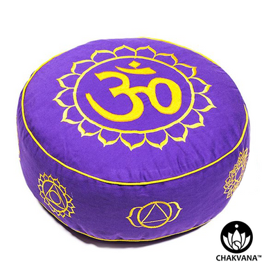 Gold and Violet Meditation Cushion with Om Symbol on top and 7 chakra symbols along the side. Available at www.chakvana.com