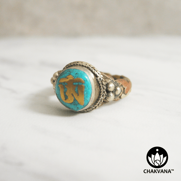 Ring with Om symbol, turquoise gemstone, and braided pattern multi-metal band. – Chakvana.com