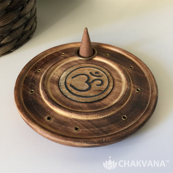 Round Wood Incense Burner | Om Symbol