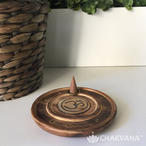 Round Wood Incense Burner | Om Symbol