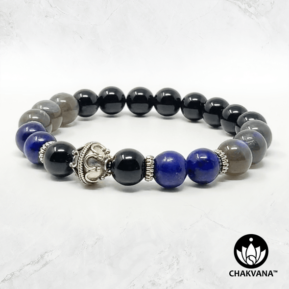 "Spiritual Warrior" – Lapis Lazuli, Labradorite & Black Tourmaline – 8mm Gemstone Bead Bracelet with Bali Bead – Chakvana.com