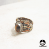 Ring with polished Tiger's Eye oval gemstone and decorative braided multi-metal ring band. – Chakvana.com