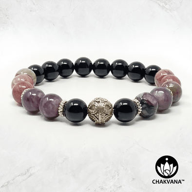 "Transformation" - Charoite, Elbaite Tourmaline & Black Onyx - 8mm Gemstone Bead Bracelet with Bali Bead – Chakvana.com