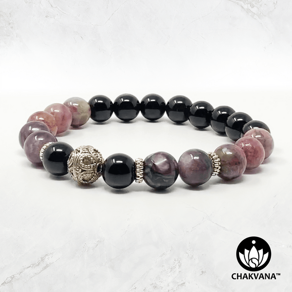 "Transformation" - Charoite, Elbaite Tourmaline & Black Onyx - 8mm Gemstone Bead Bracelet with Bali Bead – Chakvana.com