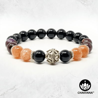 "Guiding Light" - Sunstone, Auralite 23 & Black Onyx - 8mm Gemstone Bead Bracelet with Bali Bead – Chakvana.com