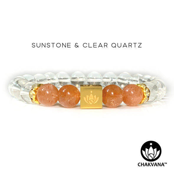 CHAKVANA™ Sunstone & Clear Quartz 8mm Gemstone Bead Bracelet - Front View