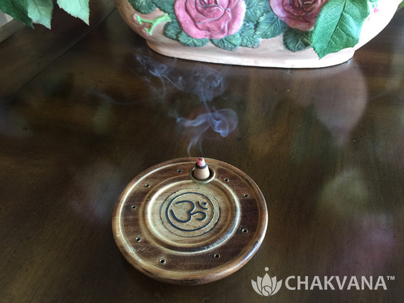 Round Wood Incense Burner | Om Symbol