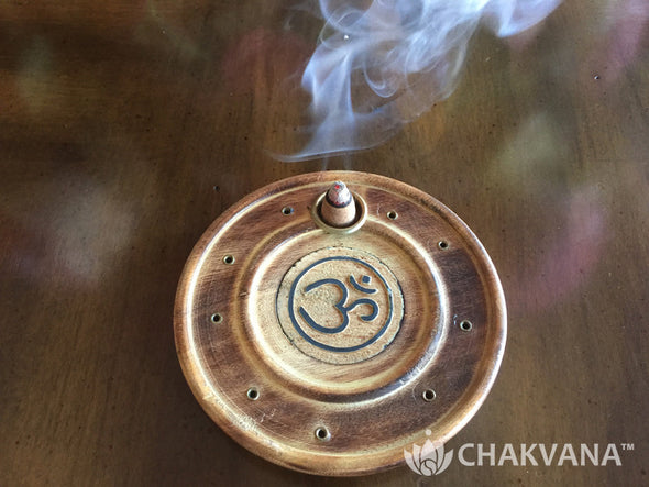 Round Wood Incense Burner | Om Symbol